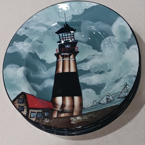 Sakura Nautical Theme Salad Plates "By The Sea" Lighthouses 8" Set of 4 EUC - Picture 3 of 11